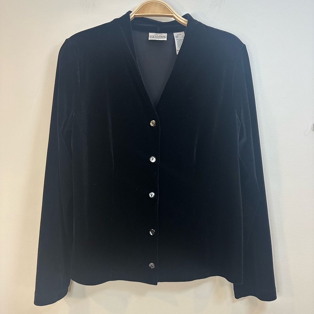 Vintage Villager Petite S Velvet Velour Cardigan Jacket Black Button V Neck